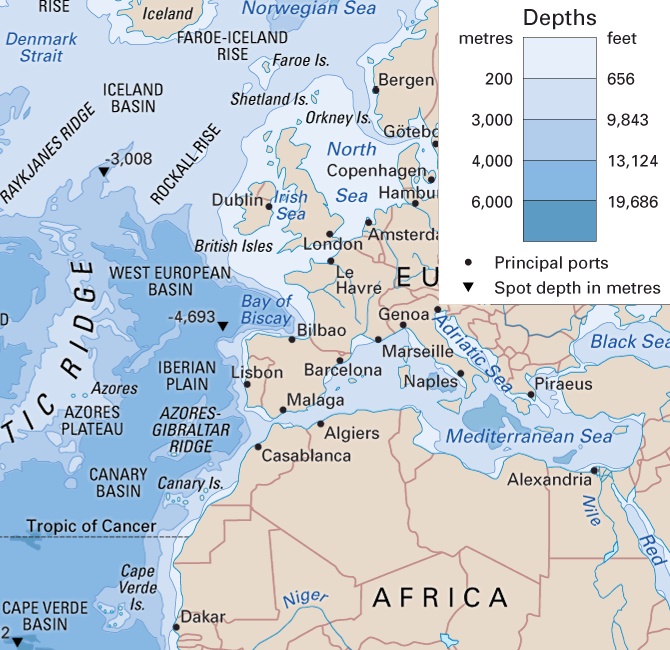 Sea depths near Europe
